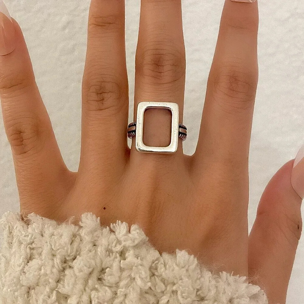 925 Sterling Silver Chunky Ring Rectangle Geometric Minimalist Ring - Picture 3 of 5